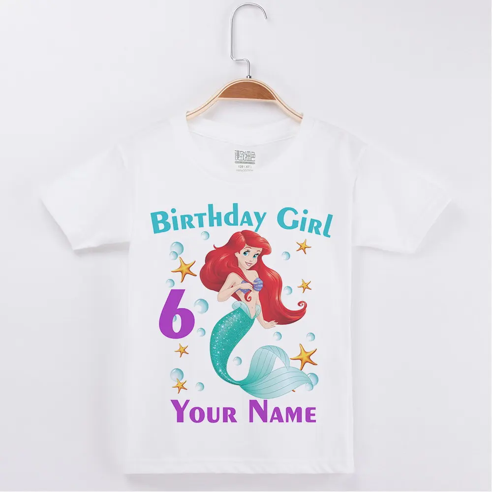 Happy Birthday tee Baby Girl Mermaid Print Girls Shirts Number 3-12 Name Birthday Present Party Tees Kids Clothes children t shirt