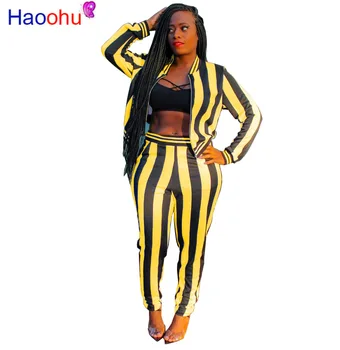 

HAOOHU Striped Leopard Two Piece Set Tracksuit Women Fall Long Sleeve Jacket Top Pant Sweatsuit 2 Piece Outfits Matching Sets