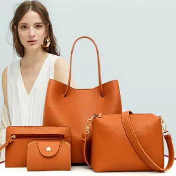 

4 pcs Women Fashion Leather Handbag Shoulder Bag Tote Purse Messenger Satchel ashion Messenger Handbag Messenger Satchel Set