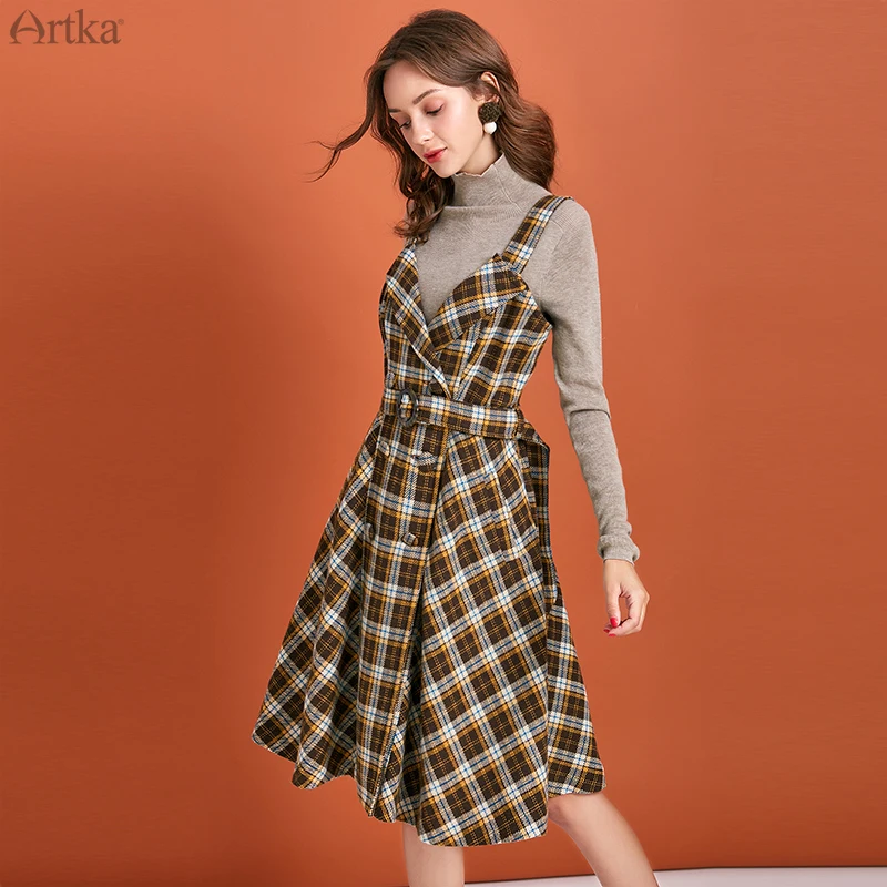 ARTKA 2019 Зима Новое Женское Платье Винтаж плед длинное шерстяное платье двубортное