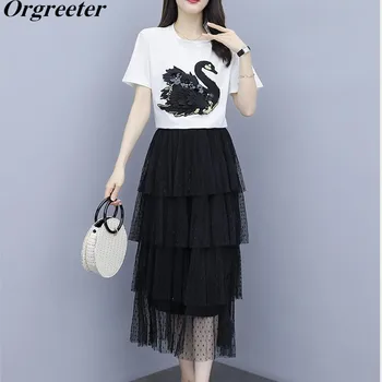 

High Quality 2020 Summer Women Embroidery Swan T-shirt + Polka Dot Cascading Ruffle Mesh Long Skirt 2 Pieces sets Female