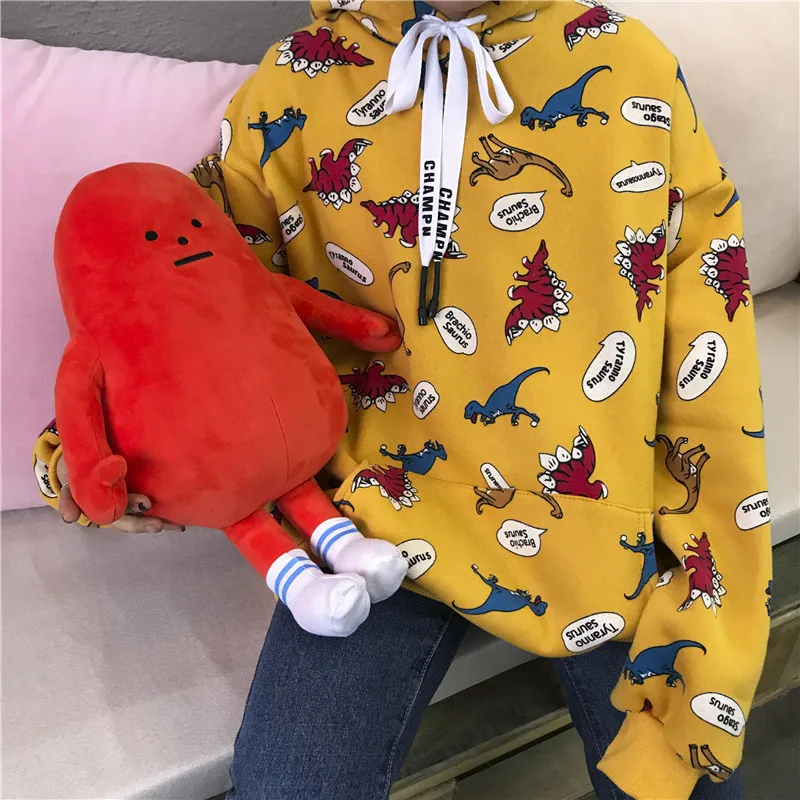 Зимняя Новинка ulzzang веселое Harajuku динозавр мультфильм милый Принт толстовка с капюшоном модная свободная с капюшоном Повседневная Женская толстовка
