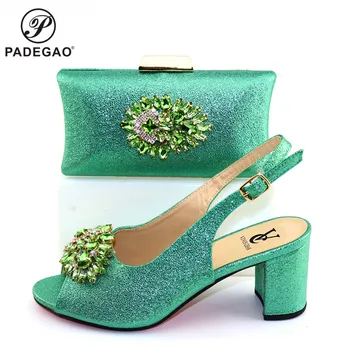 

African Women Shoes and Bag Set Italian Ladies Matching Shoes and Bag with Shinning Crystal Green Color for Italian Party
