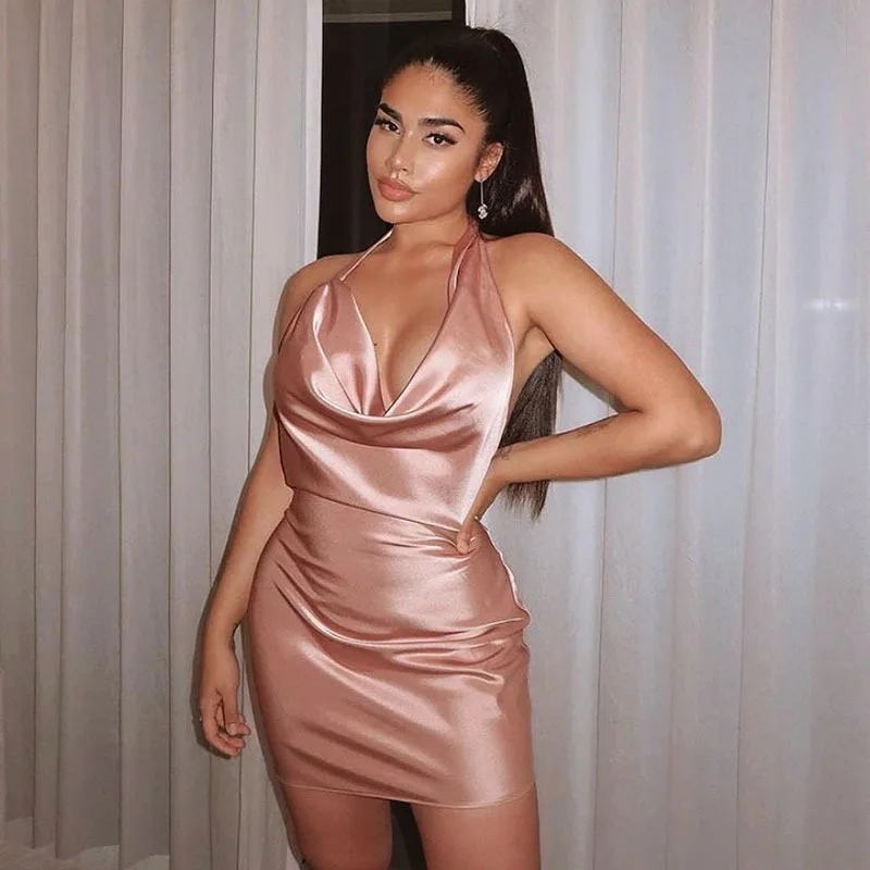 Pink Halter Neck Bodycon Sexy Satin 