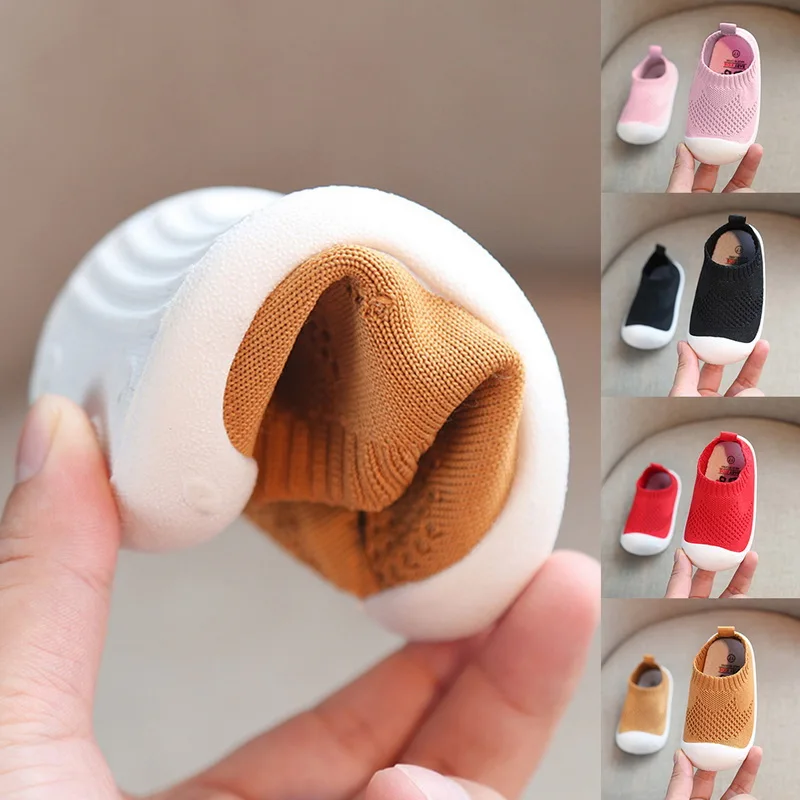  Kids Knitting Sneakers Baby First Walkers Toddler Anti-slip Shoes Solid Slip-on Rubber Shoes Boys G