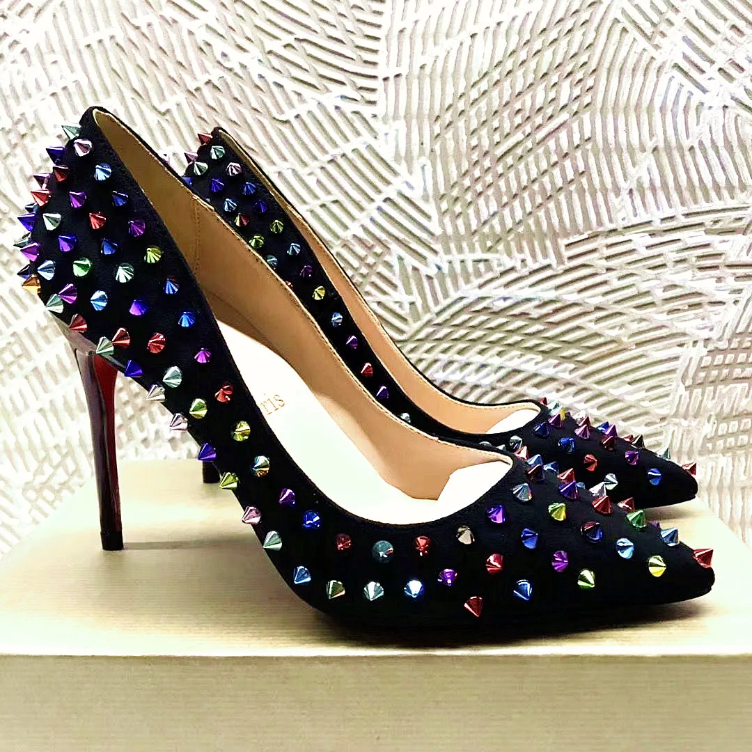 Women Rivets Shoes Red High Heels Sexy Ladies Luxery Shoes Genuine Leather Pointed Toe Thin Heels 8cm 10cm 12cm Wedding Shoes