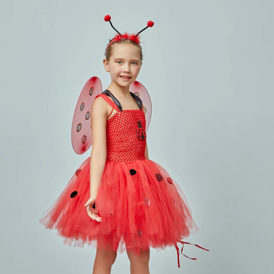 Girls Ladybug Tutu Dress Kids Ladybug Halloween Birthday Insect Animal Costume Girls Fancy Dress with Wings Antenna and Wand  (4)