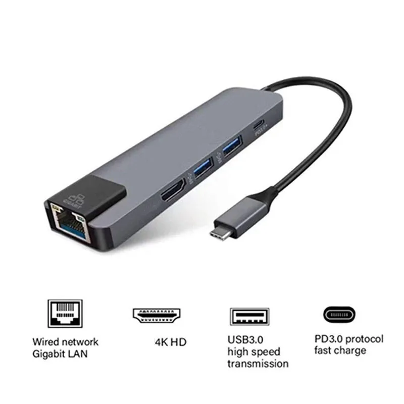 5 в 1 usb type C концентратор Hdmi 4K USB C концентратор к Gigabit Ethernet Rj45 Lan адаптер для Mac book Pro Thunderbolt 3 USB-C зарядное устройство