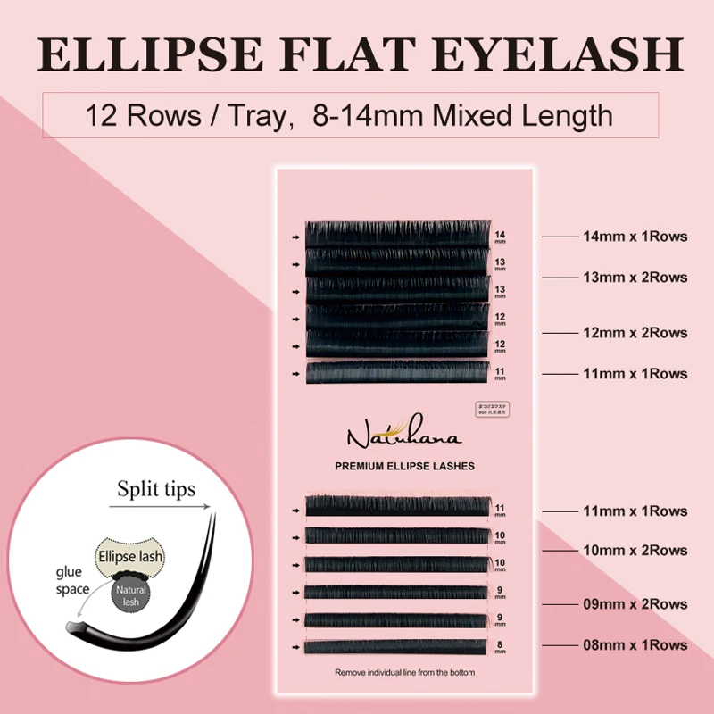 NATUHANA 8~14 Mix Ellipse Flat Eyelashes Extensions Matte Faux Mink Lashes Individual Split Tips Ellipse Shaped Lash Extension