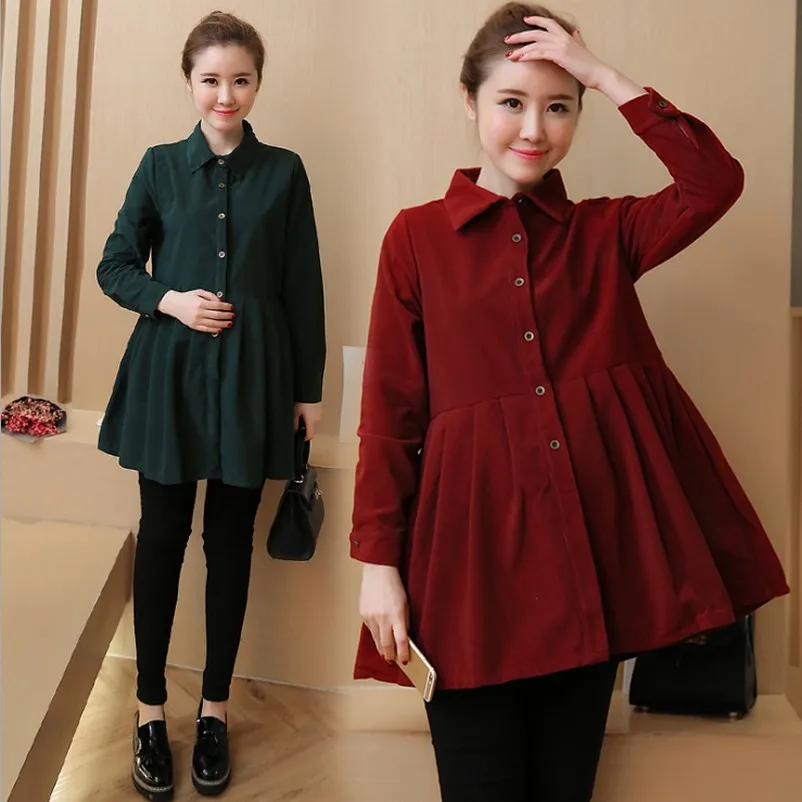 

Fashion Pleated Waist Button Nursing Corduroy Maternity Blouses Spring Autumn Pregnancy Tunic Tops Clothes for Pregnant Women