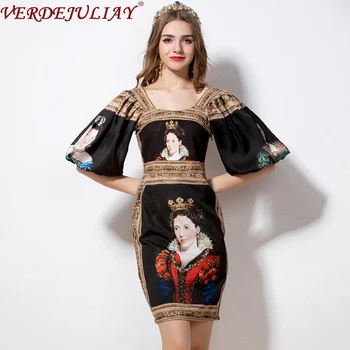 

VERDEJULIAY European Vintage Romantic Party Dresses Women Elegant Draped Puff Sleeve Runway Designer Portrait Print Mini Dress