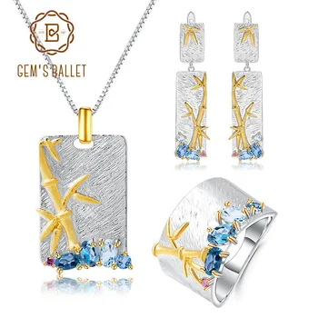 

GEM'S BALLET Creative Handmade Bamboo Set 925 Sterling Silver Natural Blue Topaz Gemstones Necklace Set Women Fine Jewelry
