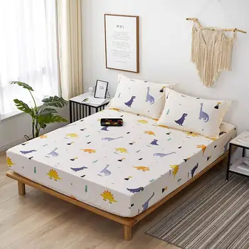

50Cartoon Dinosaurs Fitted Sheet(With Elastic Band) Bed Mattress Protective Cover Cotton Bedlinens Sheet Customizing Size