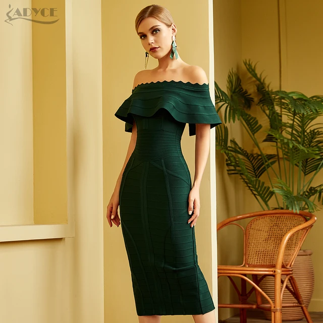 Adyce 2021 New Summer Women Green Off Shoulder Bandage Dress Sexy Short Sleeve Midi Club Celebrity Evening Runway Party Dresses 2