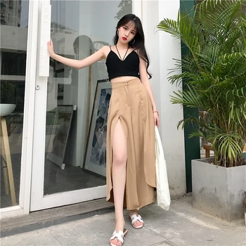 オンライン カーキシフォン夏ロング女性ファッションヨーロッパスタイルハイウエストスプリットプリーツパーティークラブスカート女性のハイストリート