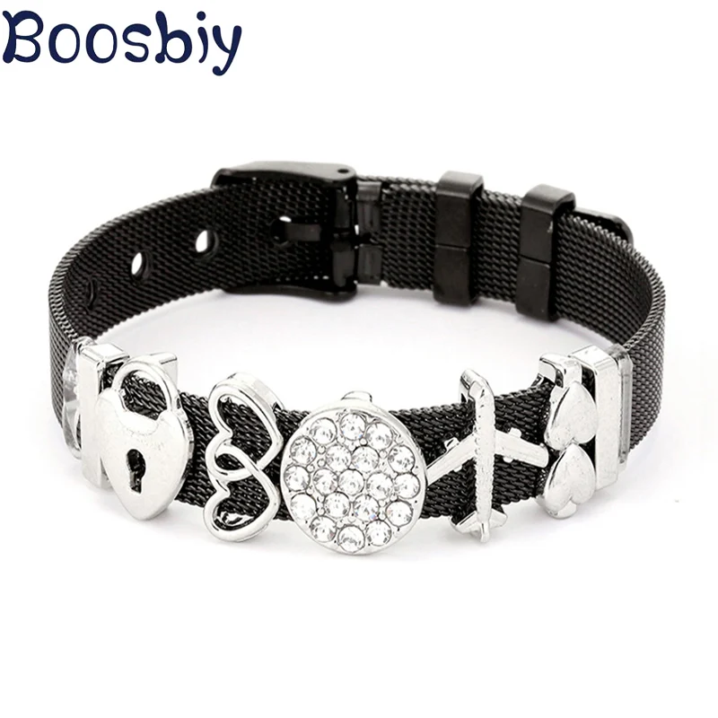 Boosbiy модные украшения, черный сетчатый Браслет из нержавеющей стали, набор шармов в форме сердца, DIY брендовый браслет для женщин, хороший подарок