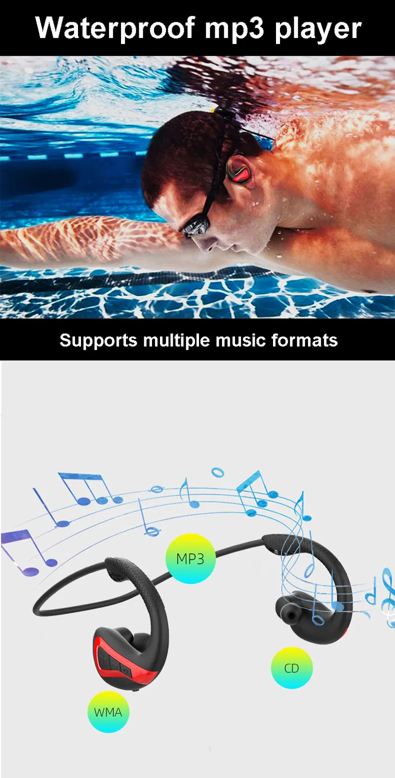 8G IPX8 водонепроницаемый MP3 плеер и Bluetooth наушники музыкальный плеер плавание ming вкладыши Спорт Дайвинг бег стерео Grm плавание