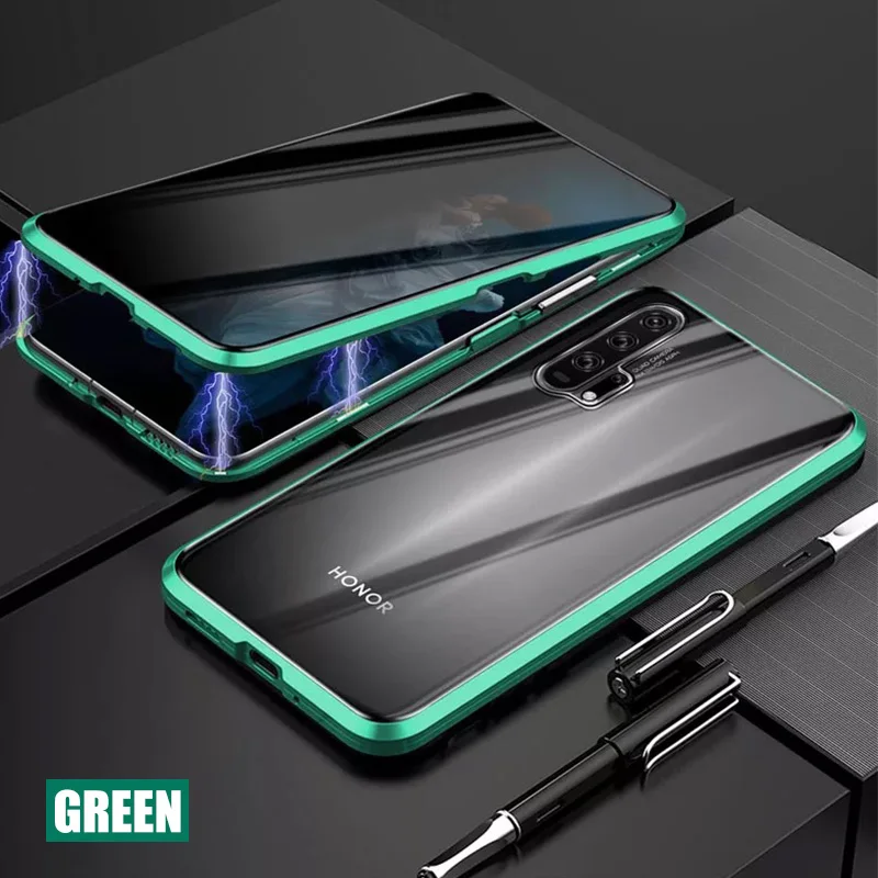 Green Магнитный чехол для huawei P30 P20 Pro, двусторонний, закаленное стекло, металлический бампер, анти-писк, чехол для huawei P20 P30, чехол - Цвет: Green