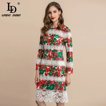 

LD LINDA DELLA Autumn Winter Fashion Runway Elegant Dress Women's Long Sleeve Flower Lace Patchwork Floral Print Vintage Dress