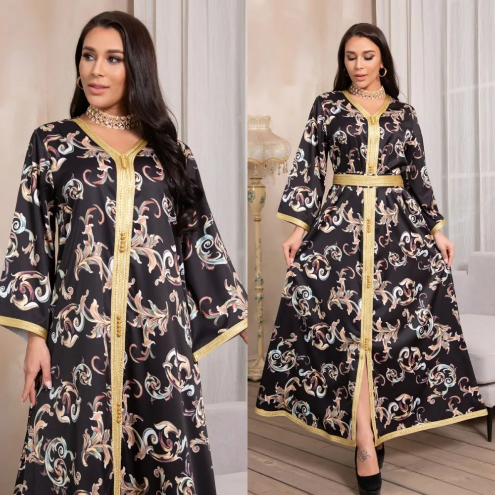 S-2XL Muslim Womens Robes Spring 2021 New Large Size Loose Print V-neck Long Sleeve Dress Fashion Casual Middle East Dubai Robes