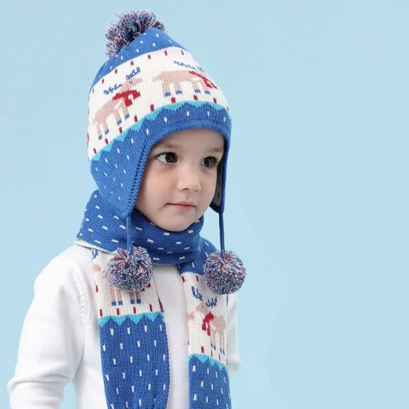Детская зимняя жаккардовая шапочка с оленем для малышей, шапка, шарф, помпон, шапка-ушанка, теплая шапка