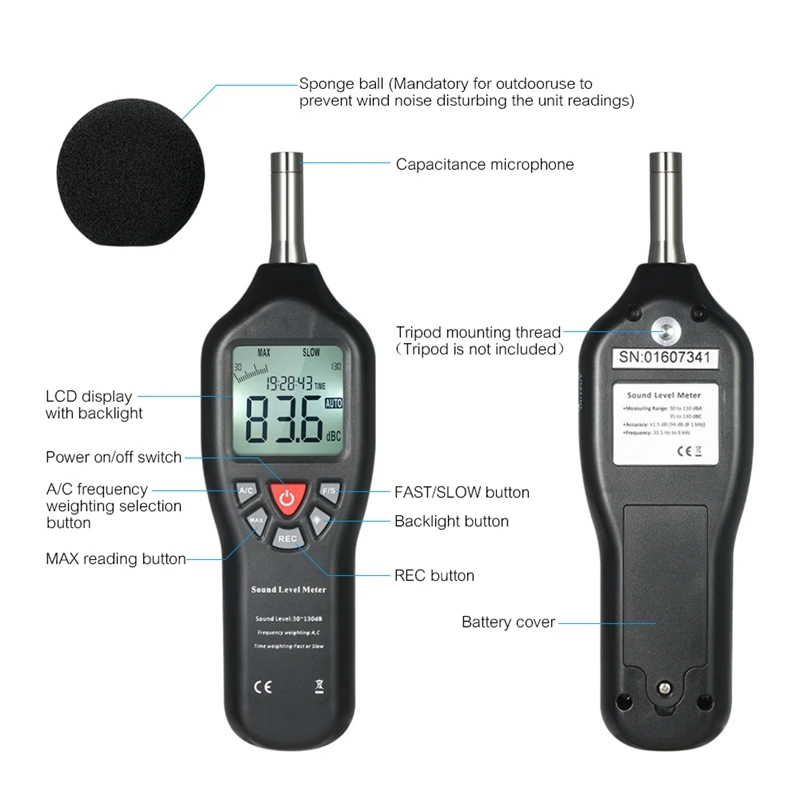 30-130дб ЖК-дисплей уровень звука децибел метр Регистратор Тестер время измерения шума дисплей автоматическое отключение настройки с функцией регистрации данных