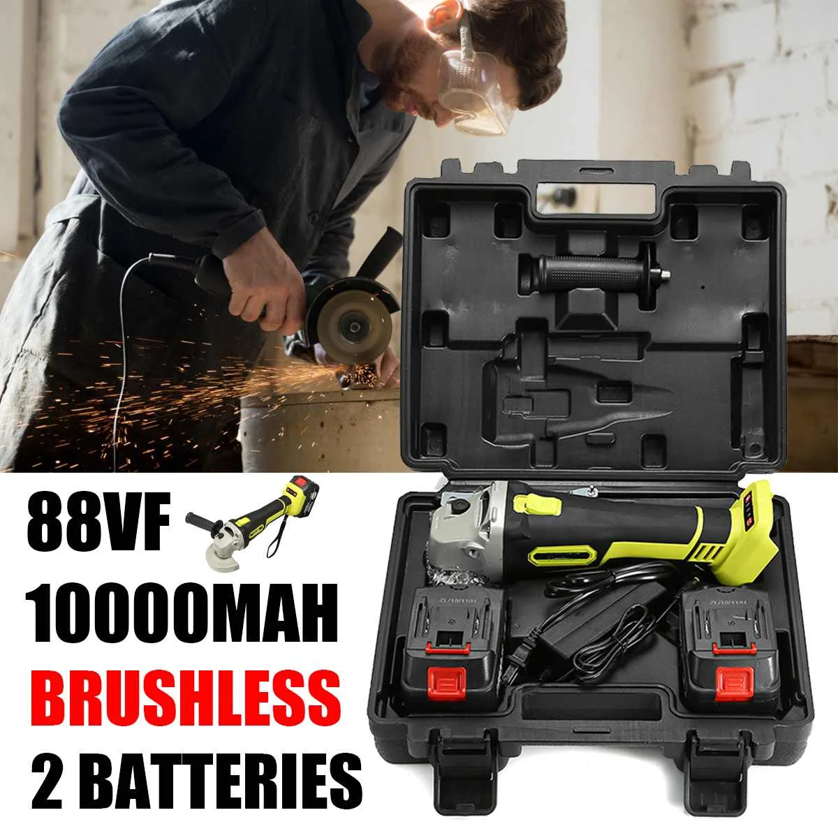 98VF 220/240V 1200W Аккумуляторный бесщеточный угловая шлифовальная машина с 10000 мА/ч, Батарея шлифовальный станок для резки Электрический угол шлифовальный инструмент
