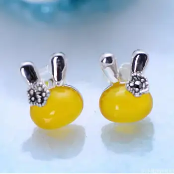 

FINE Pure S925 Silver Earrings Yellow Jadeite Bunny Stud Earrings Women Earrings