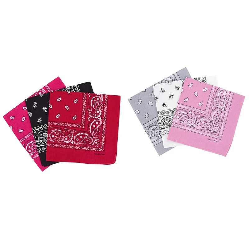 

2 Set Of 3 Bandanas Paisley Man and Woman 57 X 57 Cm , White + Light Gray + Pink & Black + Red + Fuchsia