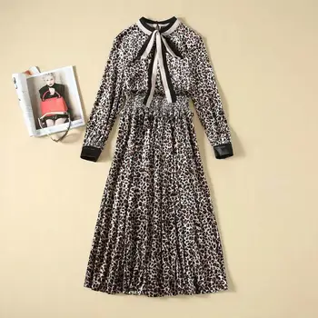 

European and American women's clothes 2019 winter new style Long sleeve bow collar Fashion leopard print printed velvet dress