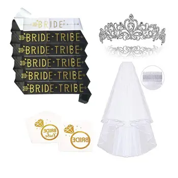 

16 pack Bachelorette Party Bride to Be Kit Sash crown Veil Golden Flash Tattoos