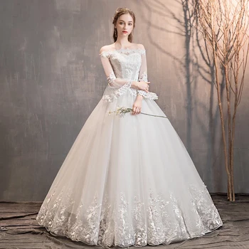 

Vintage Wedding Dresses 2020 New Cheap Wedding Dress Full Flare Sleeve Lace Embroidery Princess Vestido De Noiva