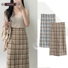 Милые юбки, женская мода, корейский стиль, Япония, опрятный стиль, для девочек, эластичная талия, высокая, клетчатая юбка, хлопок, длинная, в винтажном стиле, E109