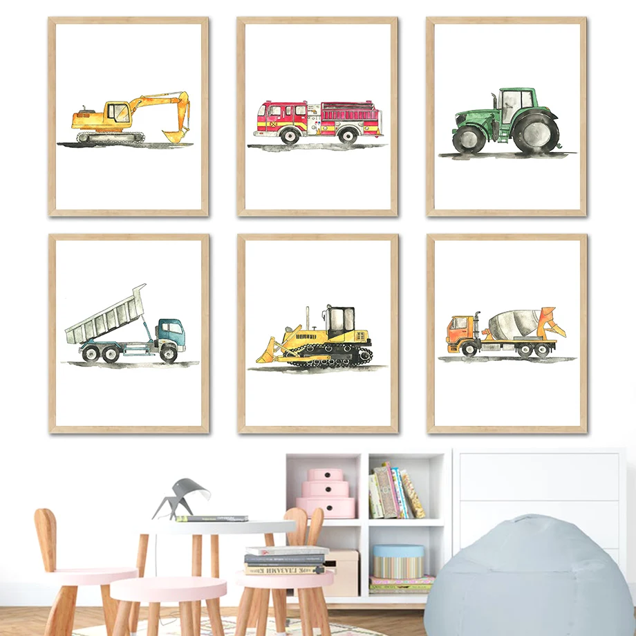 

Cartoon Fire Truck Engineering Vehicle Nursery Wall Art Canvas Painting Nordic Posters And Prints Wall Pictures Kids Room Decor