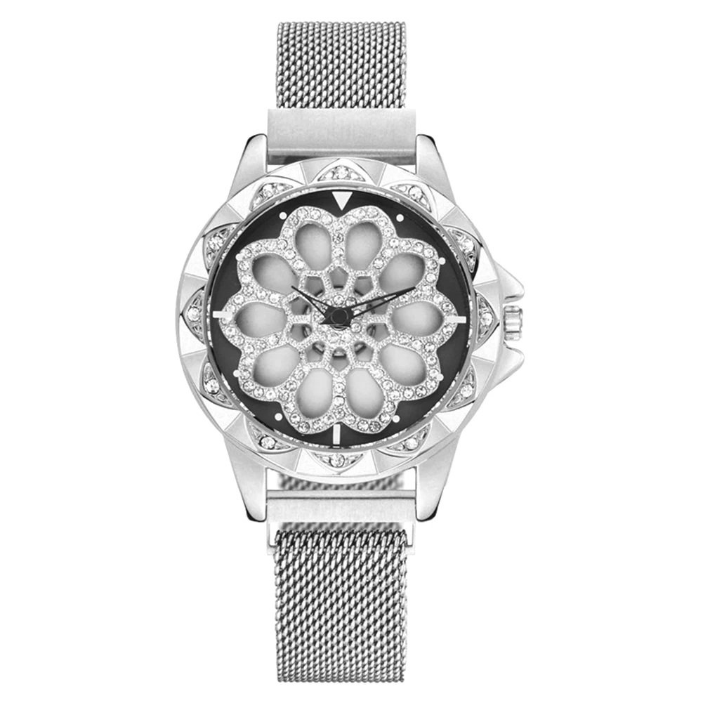 

Women Wrist Watch Alloy Luxury Rhinestone Floral Dial Gifts Accurate Analog Magnetic Band Elegant Waterproof Fashion Ladies