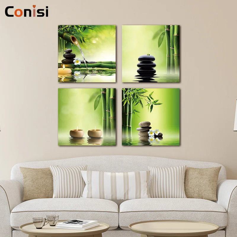 Conisi 4 панели Зеленые Бамбуковые плакаты принты на холсте дзен Религиозное