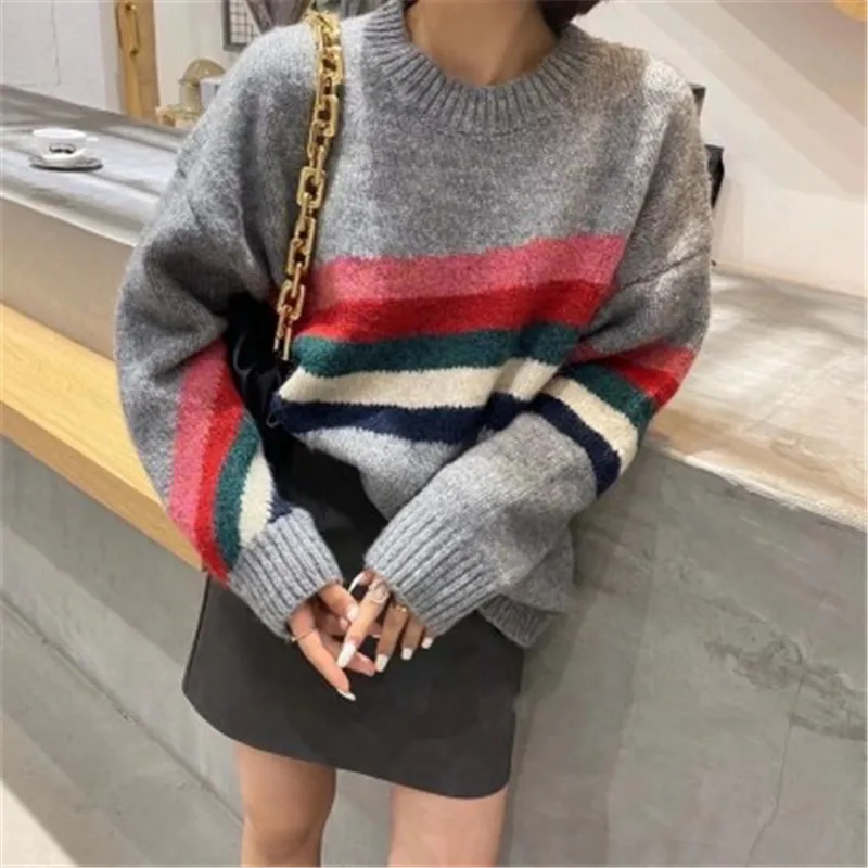 

New Sweater Women 2020 Fashion Casual Autumn Winter loose Knitted Rainbow bars Female Pullovers Korean Lady Tops Jacket