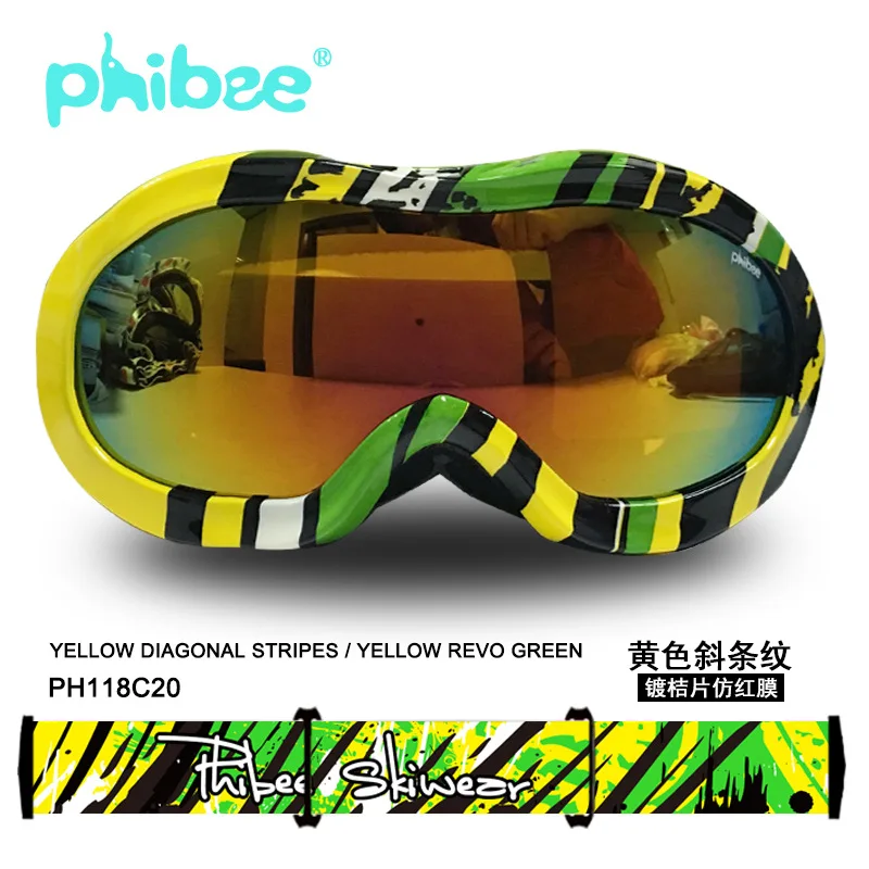 Бренд Phibee, лыжные очки, Двухслойное покрытие, пленка, анти-туман, большая Лыжная маска, очки для катания на лыжах, снежные детские очки для сноуборда