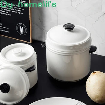 

Ceramic Stew Pot Korean Double Ear Double Cover White Round Soup Bowl Cooking Utensils Household Kitchen Supplies Tableware