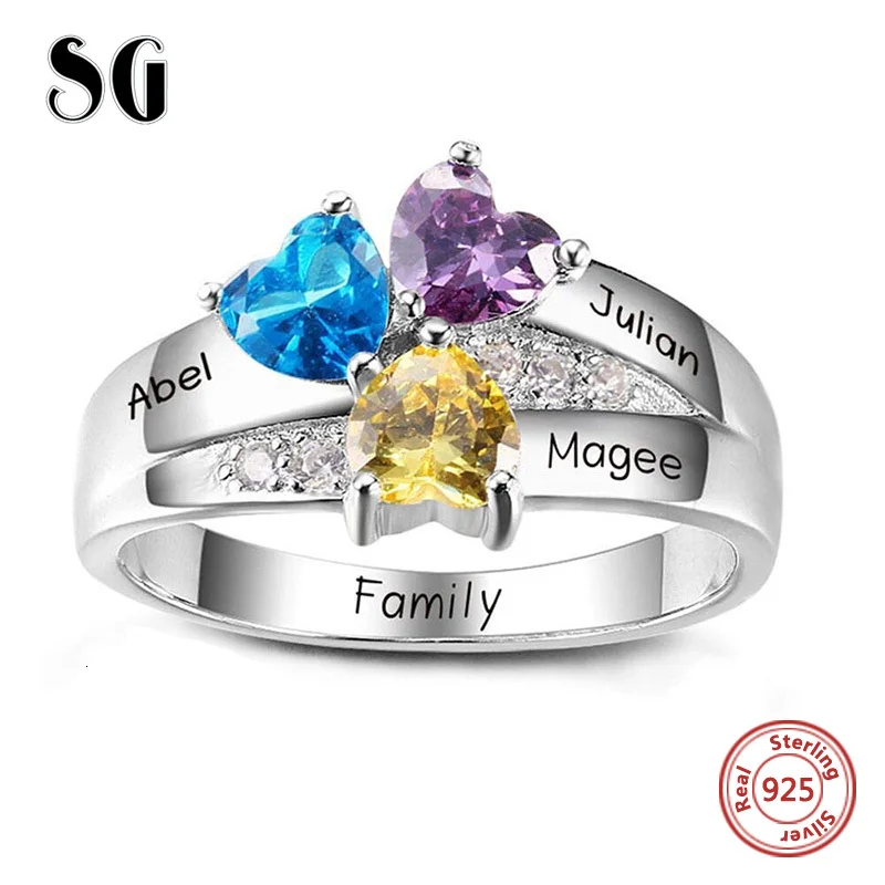 SG 925 Sterling Silver Rings Personalized Custom Heart Birthstone Ring With 3 Names Jewelry for Her Mother day's Gift