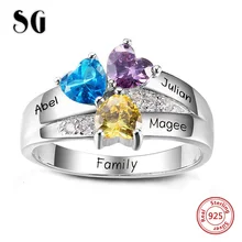 SG 925 Sterling Silver Rings Personalized Custom Heart Birthstone Ring With 3 Names Jewelry for Her Mother day's Gift