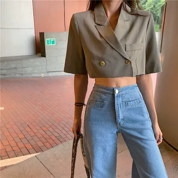 

2020 Women's Blazer Short Sleeve Blazers Solid One Button Coat Slim Office Lady Jacket Female Tops Suit Blazer Femme Jackets
