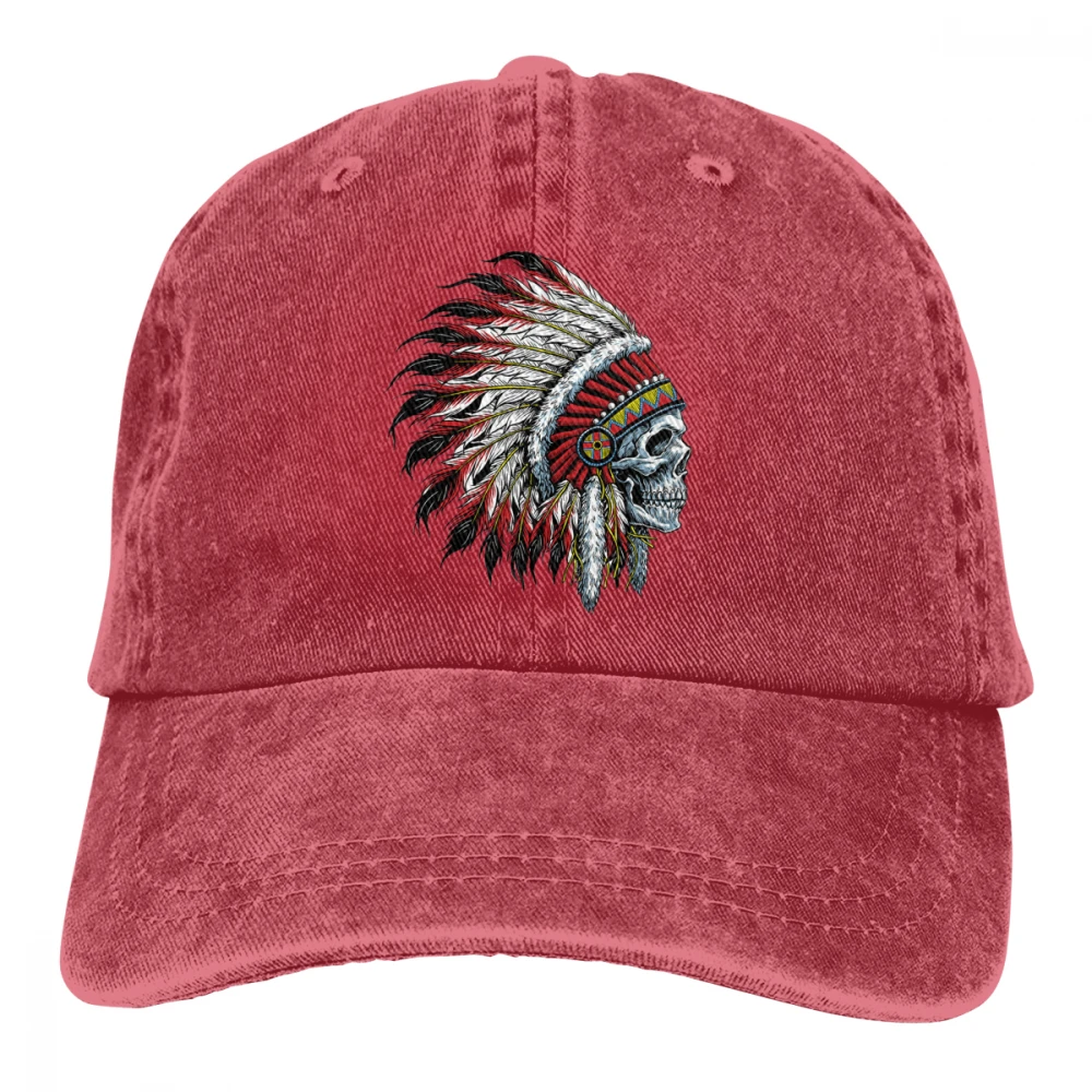Череп индийский головной убор перо Casquette черный унисекс Мужские Женские джинсовые бейсболка с ремешком кепки Регулируемый Гольф папа шляпа