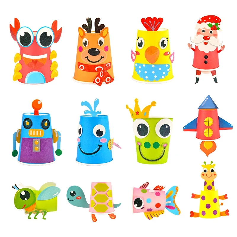 price reduction 12Pcs Children 3D Diy Handmade Paper Cups Sticker Material Kit Whole Set Kids Kindergarten School A