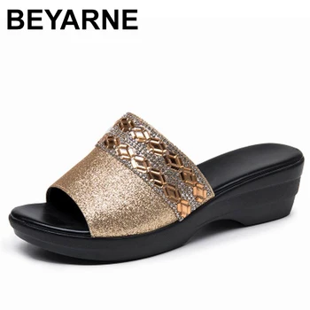 

BEYARNE Women Slippers Genuine Leather Shoes Lace Up Outside Slides Ladies Fashion Wedges Summer Thick Beach Rocker Sole