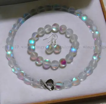 

8mm White Gleamy Rainbow Moonstone Round Beads Necklace +Bracelet + Earrings Set Jewelry