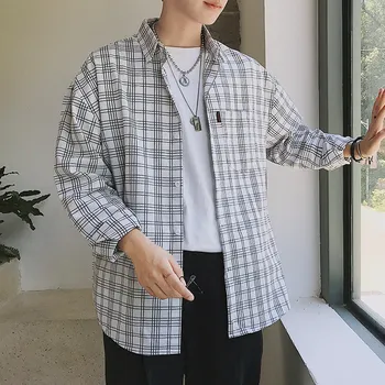 

2019 autumn new men's plaid long-sleeved shirt thin section loose Korean version handsome big size casual Chinese Style Pink