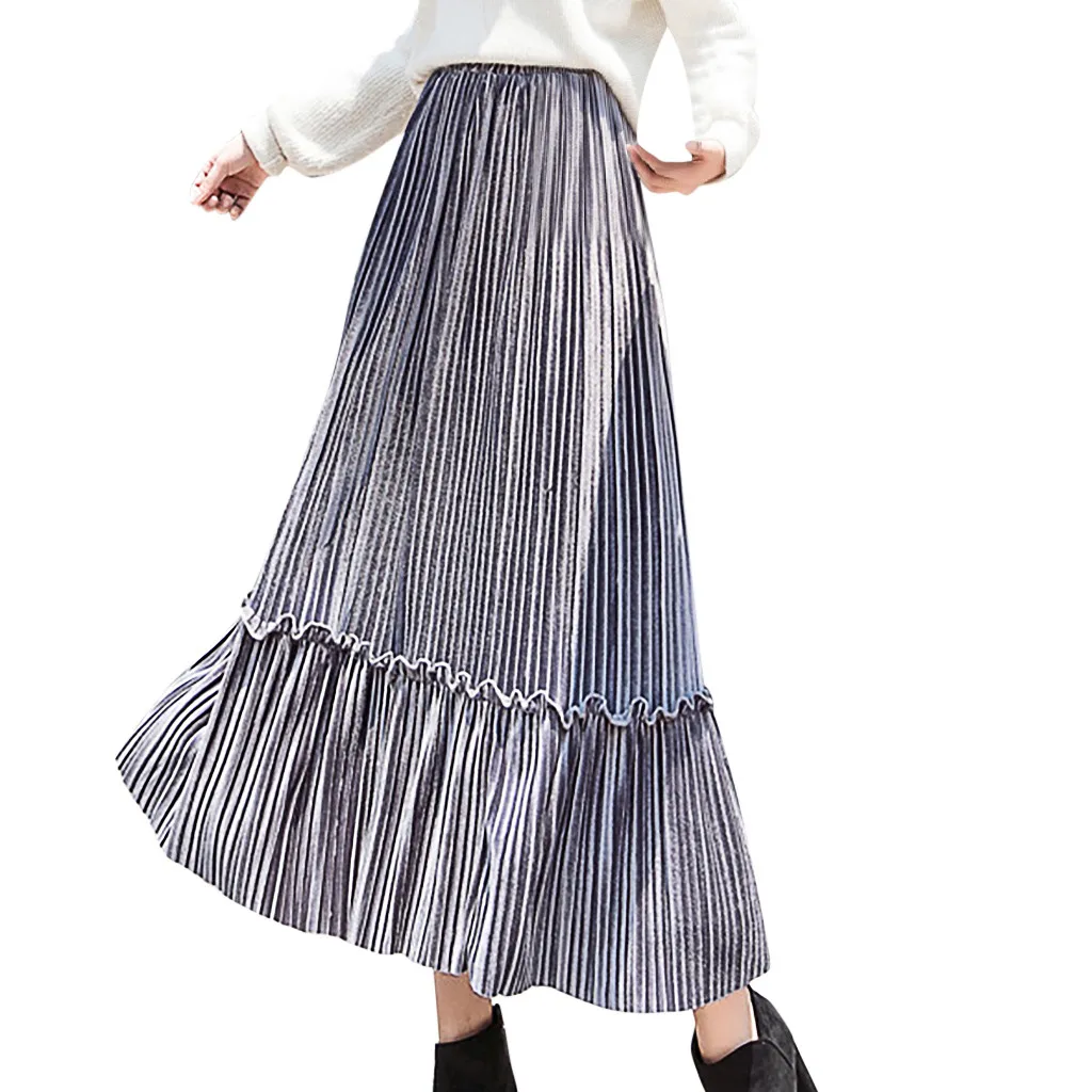 Весна-Осень, Женская длинная Плиссированная Юбка-макси цвета металлик и серебра, юбка миди с высокой талией, Повседневные Вечерние винтажные юбки