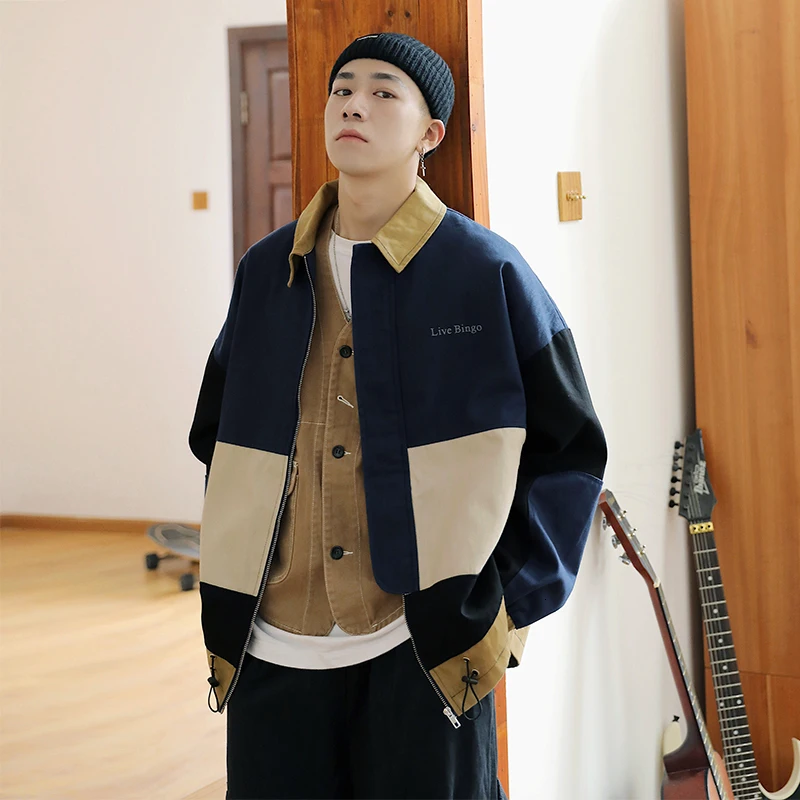 

Autumn New Jacket Men Fashion Contrast Color Casual Cotton Tooling Jacket Man Streetwear Wild Loose Hip Hop Bomber Jacket M-5XL