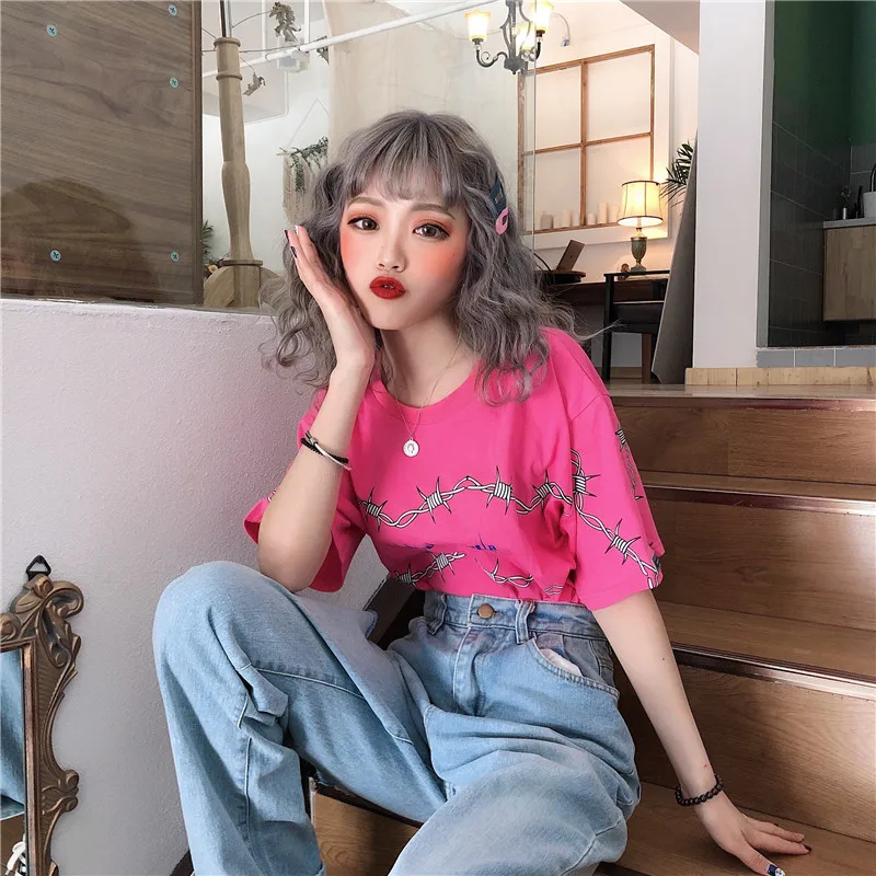Женские футболки Харадзюку, уличная футболка с шипами, свободные футболки унисекс с коротким рукавом, парная одежда, Grunge Tumblr, топы bf